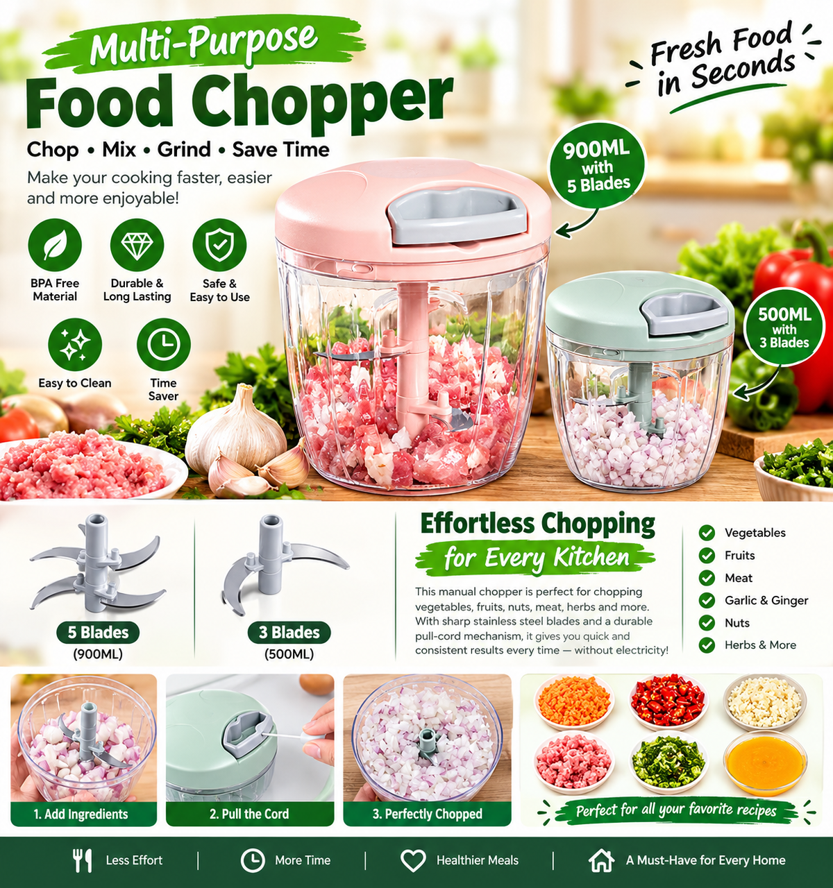 Manual Food Chopper – 900ML with 5 Blades / 500ML with 3 Blades
